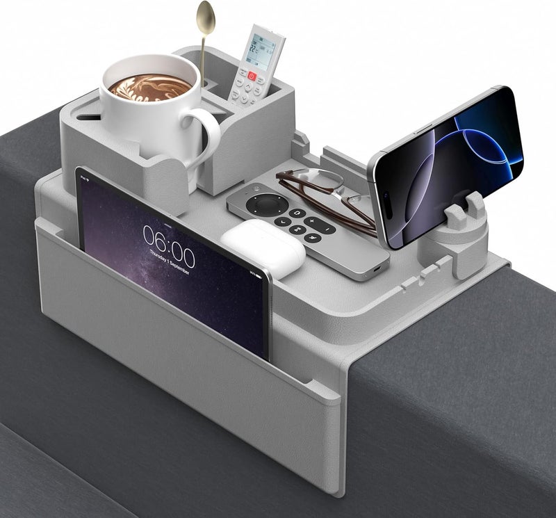 CLESOO Couch Arm Cup Holder Couch Arm Tray Anti-Slip Couch Cup Holder Silicone Sofa Armrest Tray Dual Side Pocket Couch Drink Holder Sofa Caddy Arm Remote Holder Snack Caddy with Phone Holder Grey - Image 1